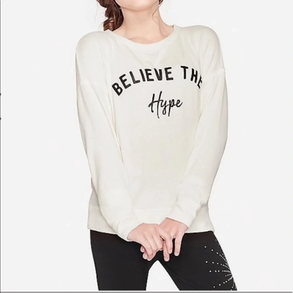 Justice “believe the hype” white fuzzy sweater